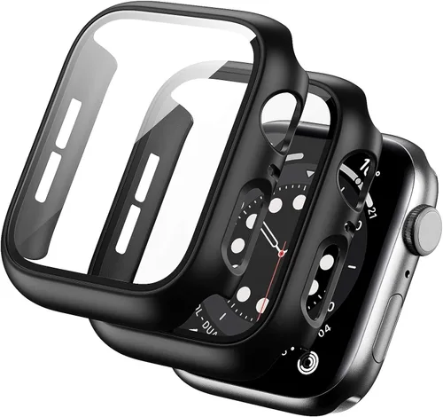 Paquete de 2 fundas rígidas de policarbonato compatibles con Apple Watch, con protector de pantalla de cristal templado sin burbujas para accesorios