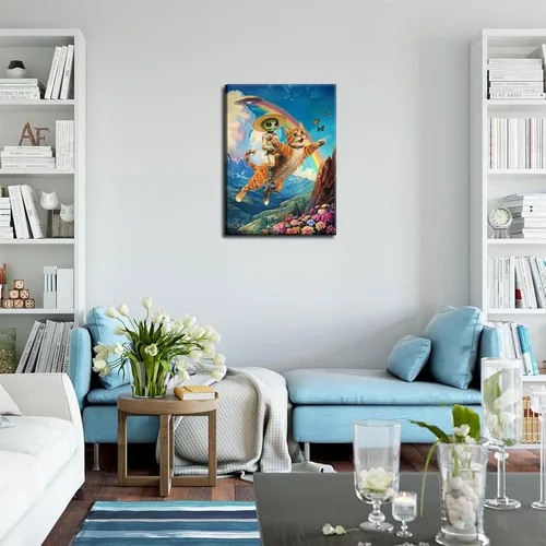 Miniatura 2 de Lienzo de paisaje victoriano OVNI para pared, diseño divertido de alienígena montando un gato, cuadros eclécticos de gato, póster impreso