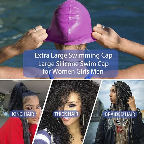 Miniatura 3 de Paquete de 4 gorros de natación de silicona extra grandes para trenzas y rastas, negro, para mujeres y hombres, pelo largo, para piscina, impermeable