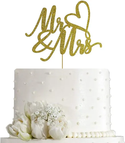 Mr and Mrs - Decoración para tartas de boda, compromiso, aniversario de boda, decoración para tartas, doble cara dorada con purpurina