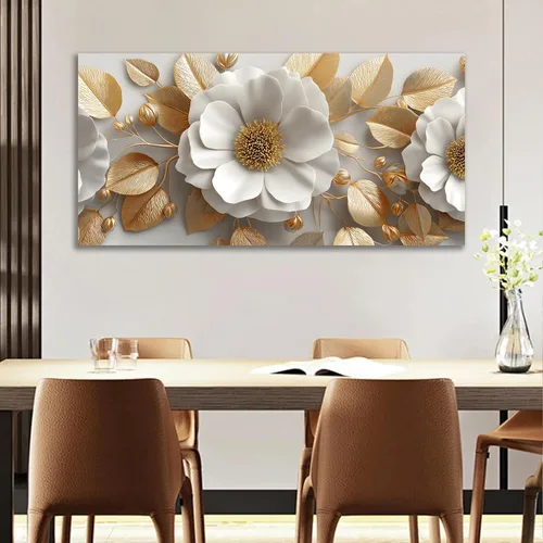 Miniatura 4 de Tarfupth Lienzo floral para pared de sala de estar, flores doradas y blancas, obra de arte botánica grande para dormitorio, oficina, decoración