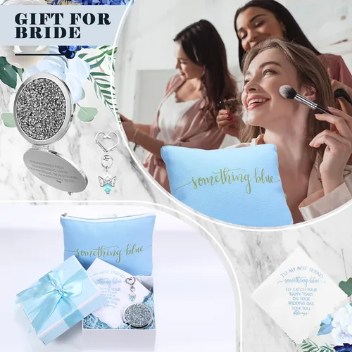 Miniatura 5 de Fumete Something Blue - Juego de regalo de boda, pañuelo bordado, ramo de ángel, bolsa de cosméticos para novia con espejo compacto de diamante