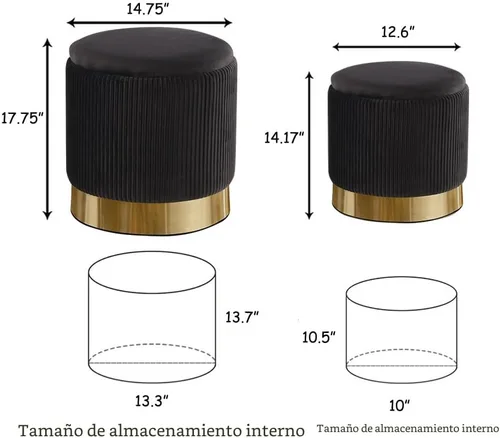 Miniatura 2 de Otomana redonda de 17 y 14 pulgadas con almacenamiento, juego de 2 taburetes tapizados de terciopelo para sala de estar, otomanos, reposapiés
