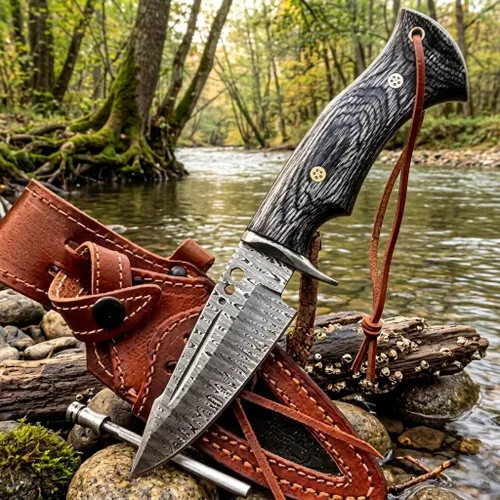 Miniatura 9 de Cuchillo de caza de 10 pulgadas – Cuchillos de hoja fija hechos a mano de acero de Damasco – Mango de madera de nogal y funda de cuero – Cuchillo