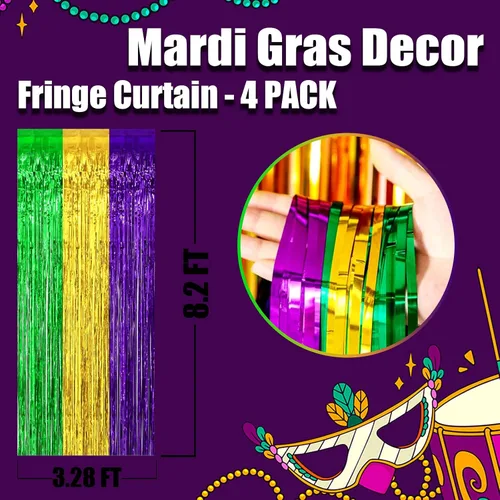 Miniatura 2 de Paquete de 4 Cortinas de Flecos de Papel de Aluminio para Telón de Fondo Mardi Gras, 3.28 pies x 8.2 pies Dorado Verde Morado Serpentinas de Flecos