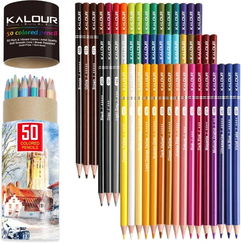 KALOUR Lápices de Colores Premium, Juego de 50 Colores, para Artistas con Núcleo Suave y Color Vibrante, Ideales para Superponer, Mezclar y