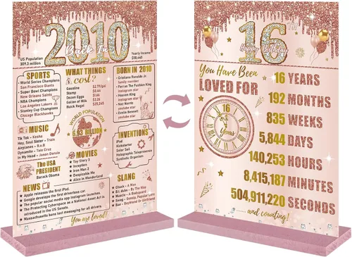Bumqviy Decoración de cumpleaños número 16 para niñas, cartel de madera de dos caras de oro rosa con soporte, regalo de cumpleaños de 16 años de edad