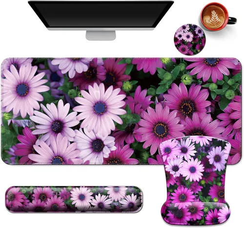 Miniatura 24 de Juego de alfombrillas de escritorio + teclado y alfombrilla para mouse con soporte para reposamuñecas, alfombrilla grande 4 en 1 para computadora