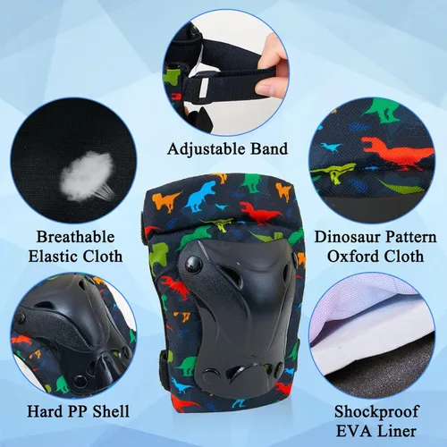 Miniatura 3 de FIODAY Rodilleras para niños, rodilleras de dinosaurio, coderas, muñequeras con bolsa de cordón ajustable, juego de equipo de protección 7 en 1