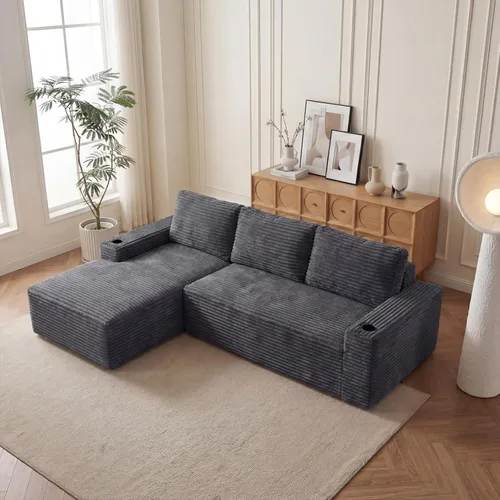 Miniatura 11 de Sofá seccional sin costuras de 108" en forma de L para sala de estar, cómodo sofá de corduroy con chaise, amplios reposabrazos, asiento profundo