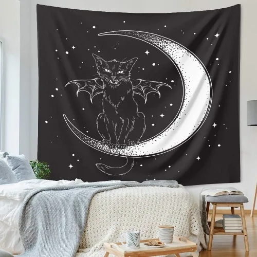 Miniatura 2 de DYRLHZ Tapiz blanco y negro con alas de gato en luna, espeluznante hippie espeluznante monstruo espeluznante tapiz para colgar en la pared