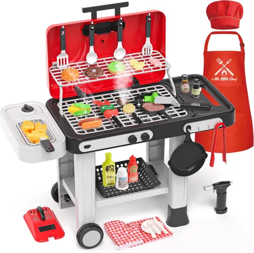 Juguetes de cocina para niños de 86 piezas: juego de parrilla para niños con humo, sonido, luz, UV y agua que cambia de color, juego de cocina para
