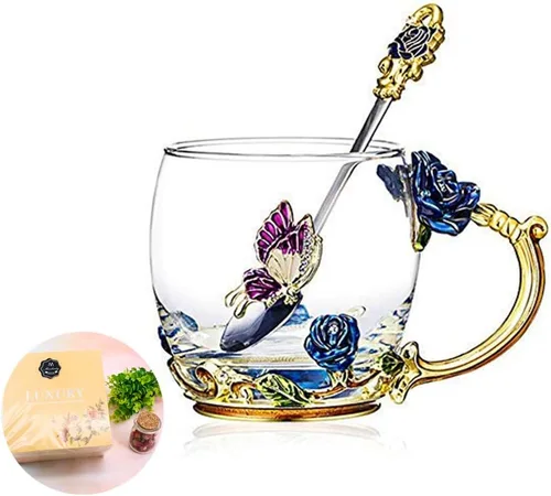 Taza de té, regalos del día de la madre, tazas de café, tazas de café de cristal, tazas de té, hechas a mano, mariposa rosa, 12 onzas (azul) ideal
