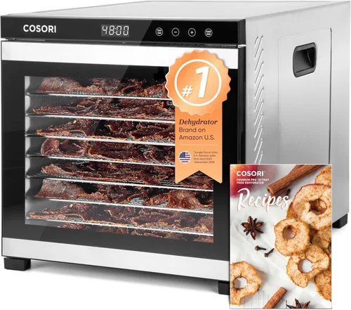 COSORI Deshidratador de alimentos para carne seca, 10 bandejas, espacio de secado de 16.2 pies cuadrados, control de temperatura de 165 °F, Plateado