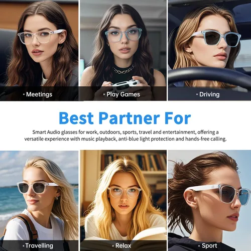 Miniatura 7 de Gafas inteligentes para mujeres y hombres, anteojos de audio Bluetooth con lentes que cambian de color, altavoces de sonido de oído abierto, carga