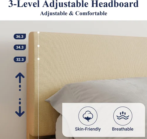 Miniatura 3 de Allewie Base de cama tamaño matrimonial con cabecera ajustable, cama tapizada con plataforma y listones de madera, base de colchón resistente,
