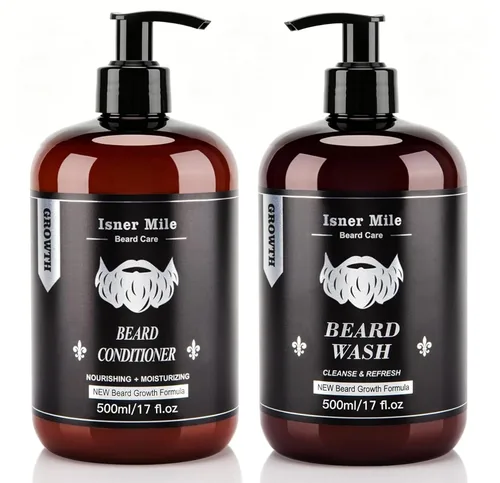 ISNER MILE Set de lavado y acondicionador para barba de 17 onzas, nueva fórmula con biotina, argán y aceites de jojoba, champú suave y fortalecedor