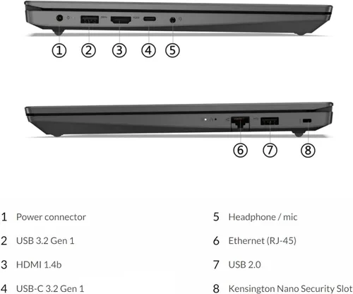 Miniatura 6 de Lenovo Portátil comercial V14, procesador AMD Ryzen 5 7520U de 4 núcleos, almacenamiento SSD de 1 TB, memoria DDR5 de 8 GB, pantalla FHD 1080p de 14