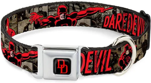 Buckle-Down DAREDEVIL - Collar de perro con hebilla de cinturón de seguridad, posturas de acción, paneles cómics, grises/rojo, 1 pulgada de ancho,