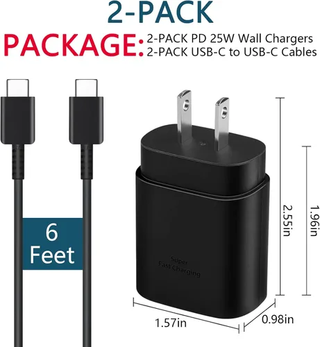 Miniatura 8 de AISNI Cargador USB C, paquete de 2 cargadores tipo C de 25 W, carga rápida con cable de carga USBC de 6 pies, carga de teléfono Android para Galaxy