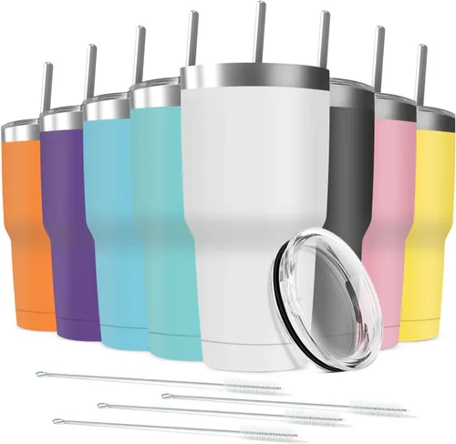 Miniatura 16 de Taza de viaje de acero inoxidable de 30 onzas con tapa, paquete de 6 vasos de doble pared aislados al vacío a granel con 6 pajitas, taza de café