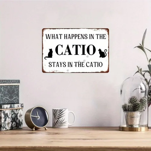 Miniatura 3 de Cartel de metal con diseño de hojalata de amante de gatos, "What Happens In The Catio Stays In The Catio", cartel divertido para casa de gatos