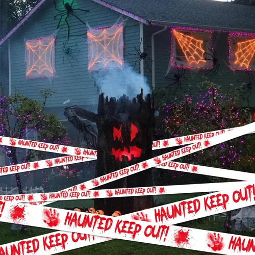 Miniatura 5 de Cinta de precaución para decoración de Halloween, HAUNTED KEEP OUT rollo de precaución sangriento blanco de escena del crimen de 2 pulgadas x 82