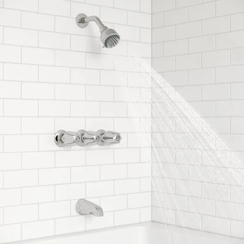 Miniatura 5 de Pfister Grifo de bañera y ducha de 3 manijas con manijas de metal en cromo pulido