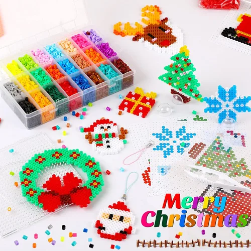 Miniatura 4 de AUGSUN Kit de cuentas de fusibles de Navidad, 5100 unidades + 24 colores para manualidades, juego de cuentas de fusión para niños, 12 estilos