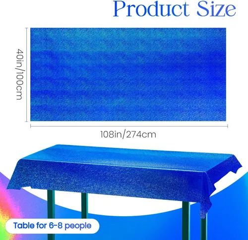 Miniatura 2 de 4 piezas de mantel de fiesta azul real holográfico de 40" x 108" con iridiscencia, mantel de plástico azul marino brillante para graduación, 4