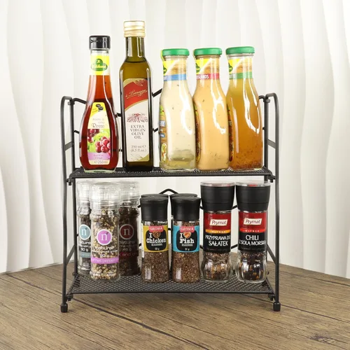 Miniatura 7 de Estante para especias de 2 niveles, soporte para botellas de condimentos, metal negro, antideslizante, plegable, para cocina, baño, encimera