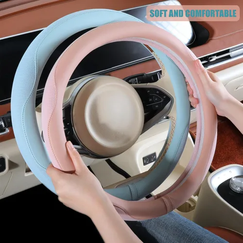 Miniatura 4 de Funda de cuero de napa rosa para volante, de cuero de microfibra avanzada, tela antideslizante y transpirable, cálida en invierno y fresca