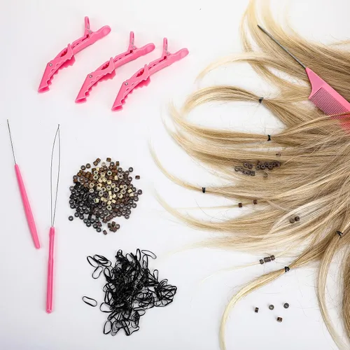 Miniatura 6 de Kit de herramientas de extensión de cabello de 16 piezas, alicates para quitar 2500 anillos de micro silicona, gancho para tirar de cuentas, aguja