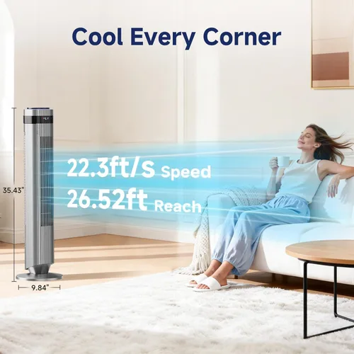 Miniatura 2 de 36 Inch Tower Fan for Bedroom, 22.3ft/s Velocity Standing Fan with 28dB Quiet for Sleep, Remoter, LED display, 5 Speeds, 4 Modes, 12H Timer, Grey