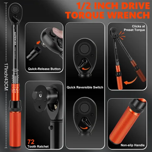 Miniatura 4 de Matework - Llave dinamométrica de 1/2 pulgada con clic, 10-180 ft.lb/13.6-244.1 Nm, Llave de torsión de alta precisión ±3% de 72 dientes de doble