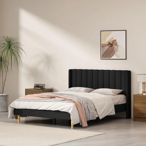 Miniatura 19 de Base de cama Queen con cabecero, base de cama de plataforma con respaldo de terciopelo vertical copetudo, soporte de listones de madera, no necesita