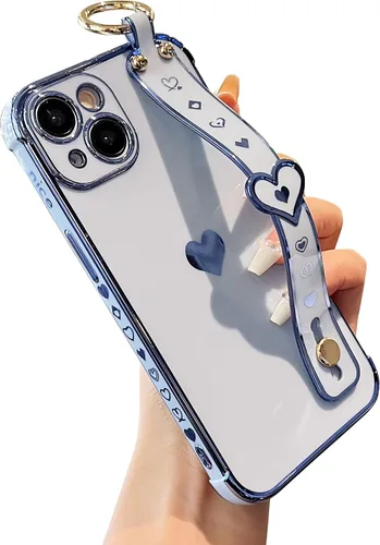 Miniatura 17 de DEFBSC Funda compatible con iPhone 15, con borde galvanizado, diseño de corazón con correa para la muñeca, protección completa de la cámara