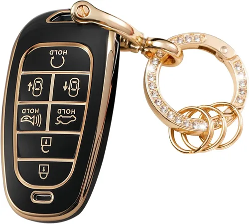 Miniatura 6 de Funda para llavero Hyundai con protección de TPU suave con llavero dorado brillante compatible con Sonata Santa fe Tucson 2020-2023 llave Negro 5