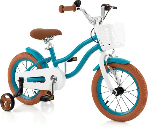 Miniatura 14 de COSTWAY Bicicleta para niños de 12, 14, 16, 18 pulgadas, bicicleta para niños con ruedas de entrenamiento, frenos de mano y posavasos, sillín
