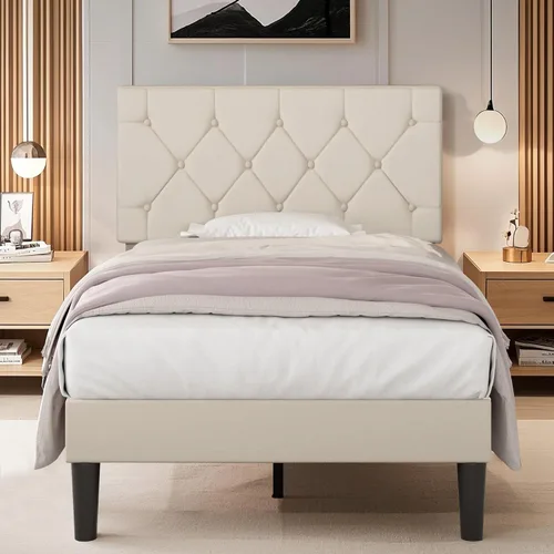VECELO Base de cama tamaño individual con cabecera capitoné con botones, base de cama tapizada con soporte de listones de madera, no necesita Beige