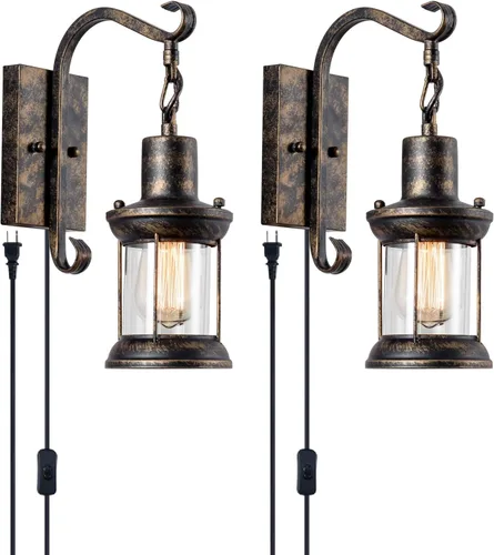 Miniatura 8 de GLADFRESIT Lámparas de pared rústicas, aplique de pared tipo farol enchufable, apliques de pared antiguos negros, luminarias de iluminación de pared