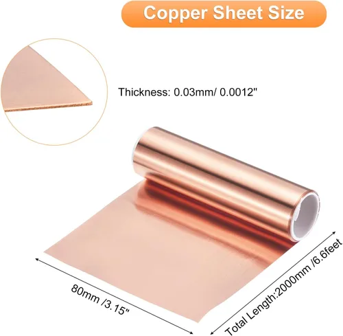 Miniatura 93 de uxcell Rollo de lámina de cobre de 78.740 in x 0.394 in x 0.001 in, 99.9% de tira de cobre puro de cobre intermitente placa de lámina de metal