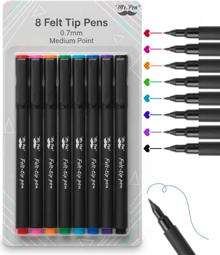 Mr. Pen - Bolígrafos de punta de fieltro, paquete de 8, 0.028 in, colores surtidos, secado rápido, bolígrafos de punta de fieltro fina para artes y