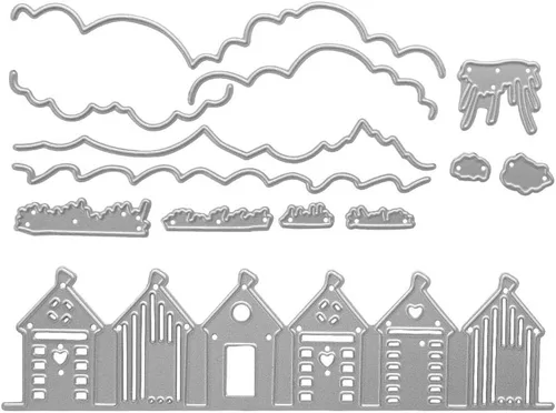 Metal A Row of Houses - Troqueles de corte de pueblo, troquelados de hierba molida para plantillas en relieve para tarjetas de álbumes de recortes y