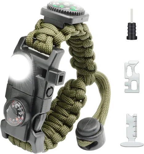Miniatura 11 de Brazalete de paracord de supervivencia 20 en 1, kit de equipo ajustable con luz LED SOS, arrancador de fuego, brújula más grande, silbato de Negro