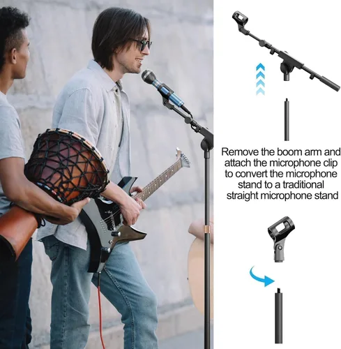 Miniatura 6 de Soporte de micrófono con brazo de brazo, trípode resistente, soporte de suelo ajustable con bolsa de transporte y 2 clips de micrófono para cantar