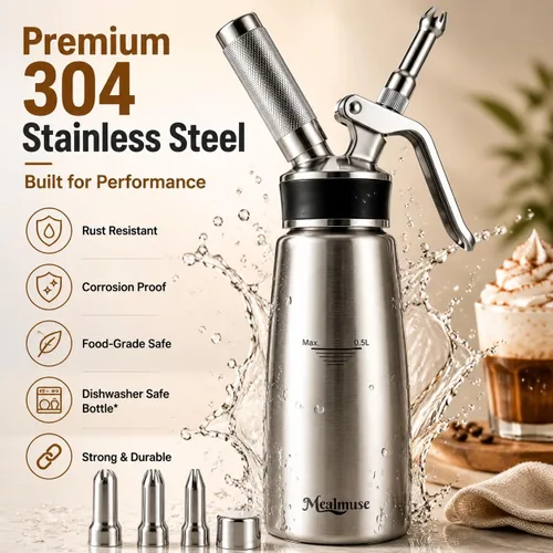 Miniatura 2 de Dispensador profesional de crema batida de acero inoxidable 304, 17 onzas, batidor de crema resistente con boquillas de acero inoxidable para café