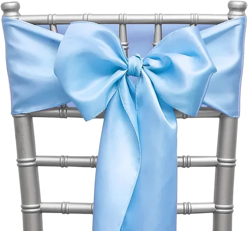 Paquete de 50 cintas de satén para sillas color azul bebé, 7 x 108 pulgadas, cintas universales doradas para sillas de boda, ceremonia, fiesta,