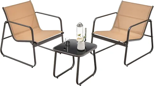 Tangkula Juego de 3 piezas de conversación para patio, juego de silla y mesa de metal para exteriores, tela transpirable y mesa de vidrio templado,