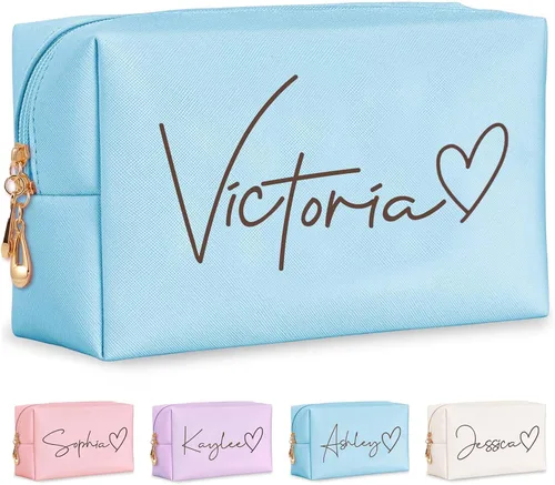Miniatura 10 de Bolsa de maquillaje personalizada con nombre y flor de nacimiento, bolsas de cosméticos de cuero personalizadas para mujeres, bolsa de aseo de viaje